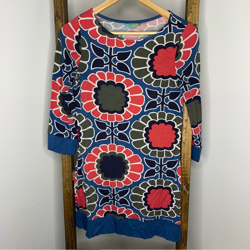 Boden Dress Tunic US 4 Multicolor Bold Floral Stretch Knit Retro 3/4 Sleeve